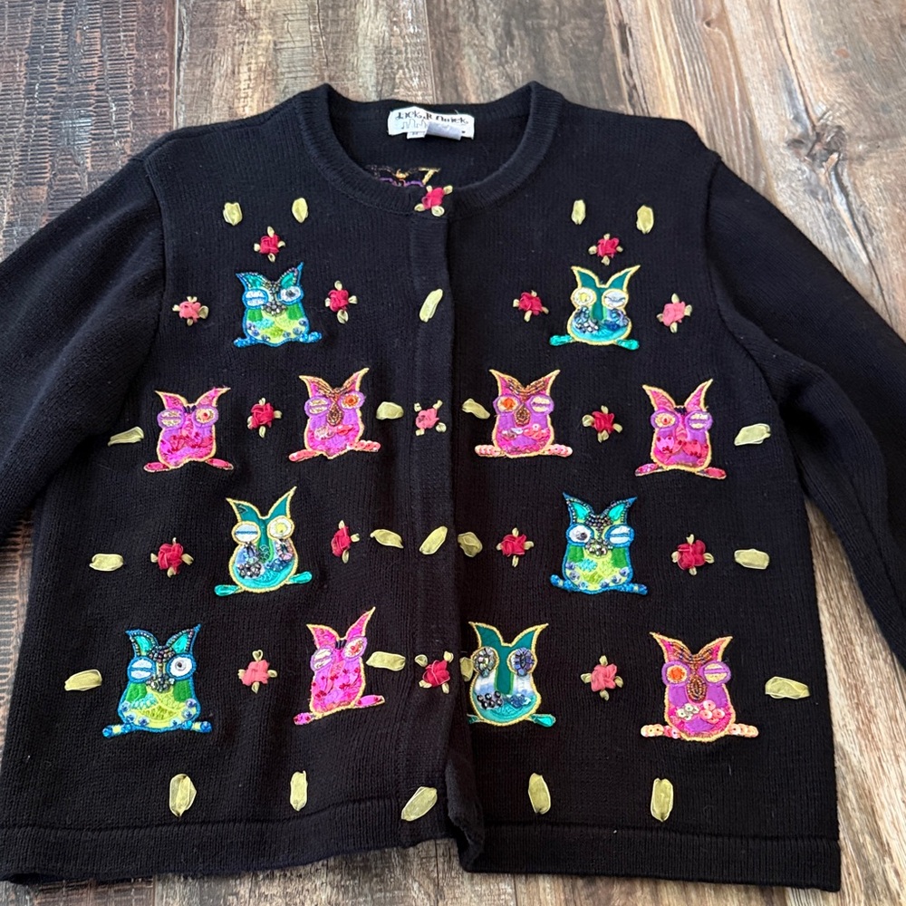 Jack B Quick Colorful Owl Patterned Black Cardigan Sweater Size M, Preloved